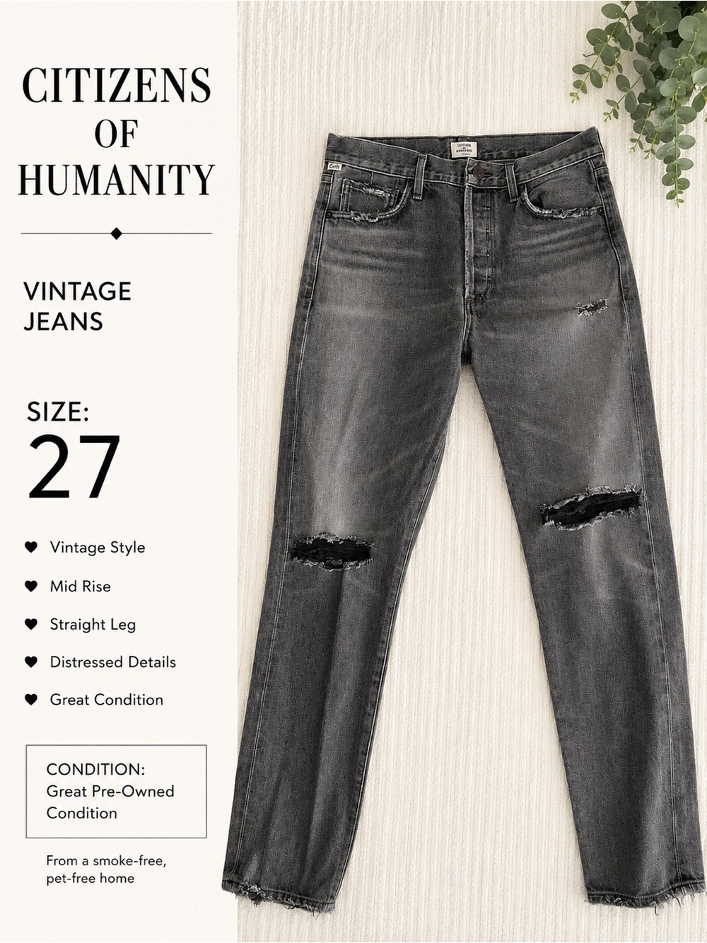 Citizens Of Humanity Gray Distressed Straight Leg Men’s Jeans